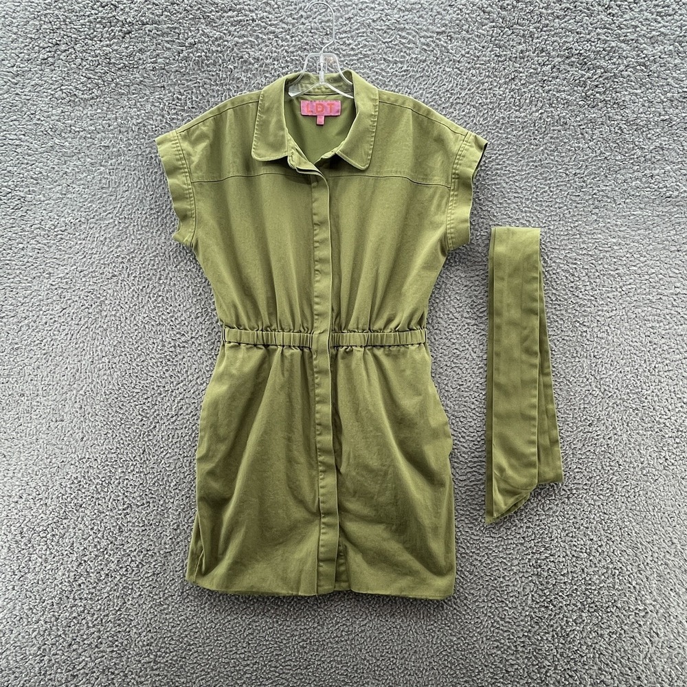 LDT Dress Womens 10 Green Heavy Cotton Blend Button Up Mini Shirt Dress